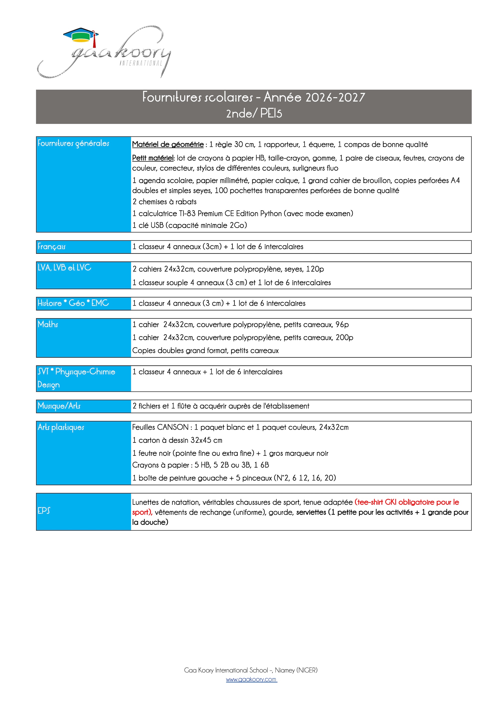 Gaa Koory International • fournitures 2nde