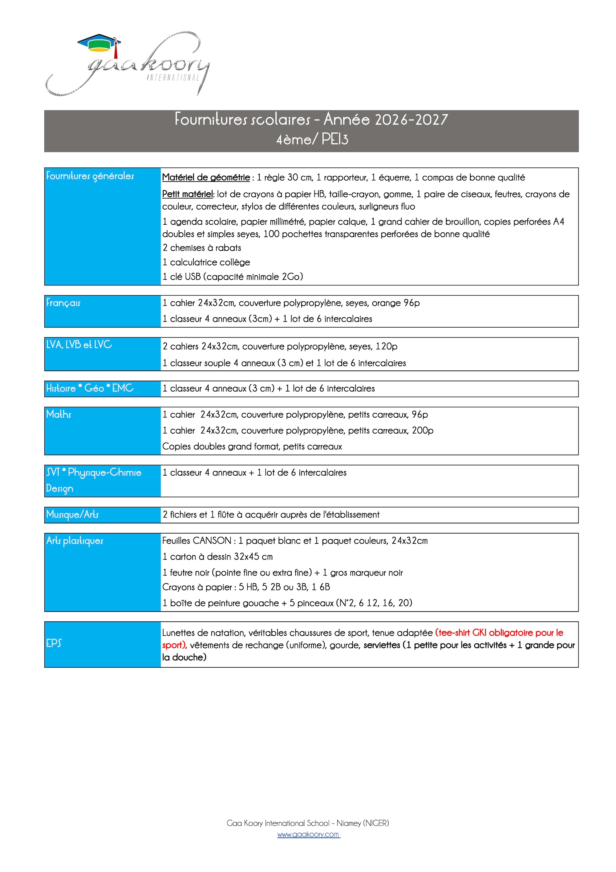 Gaa Koory International • fournitures 4e