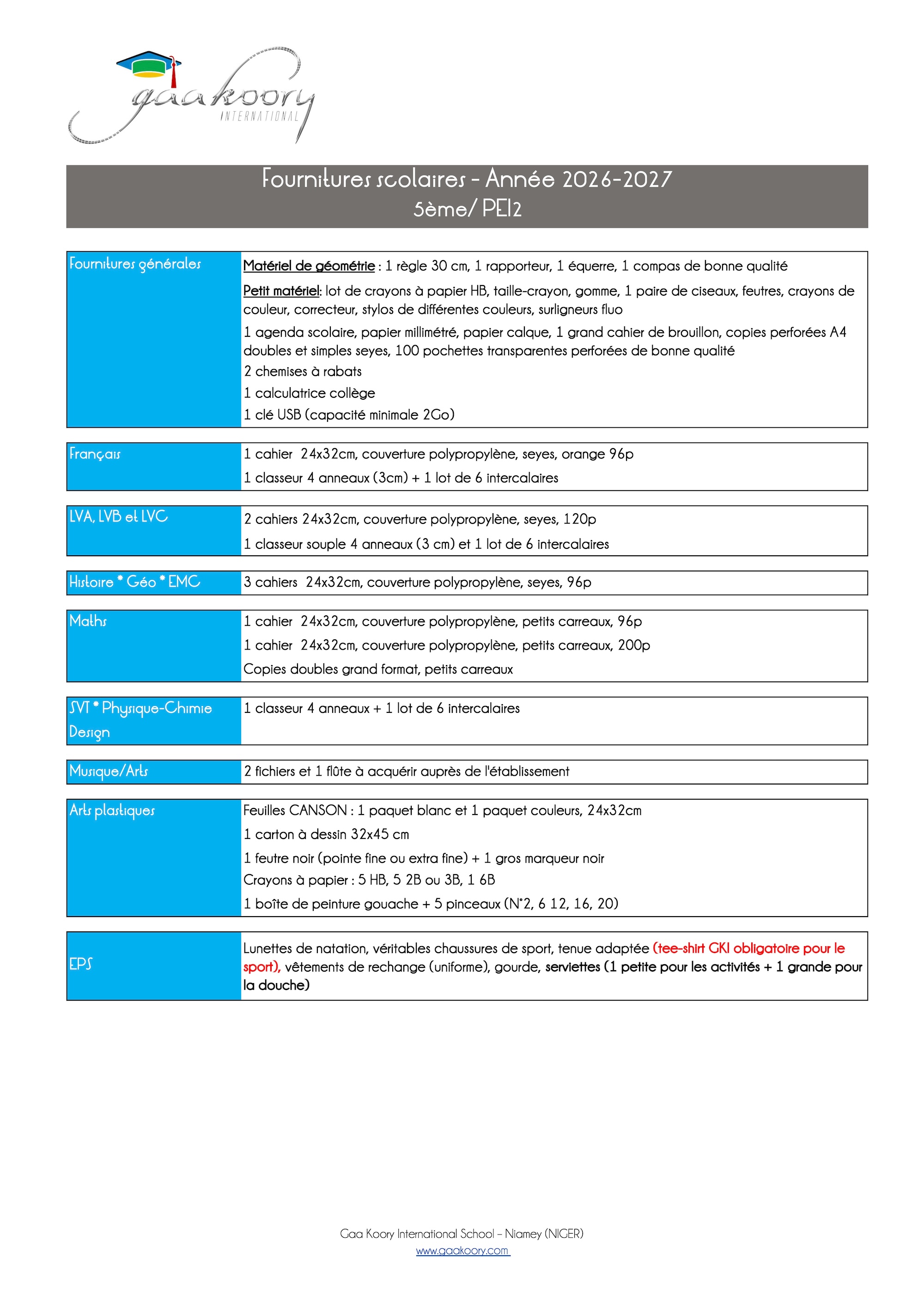 Gaa Koory International • fournitures 5e