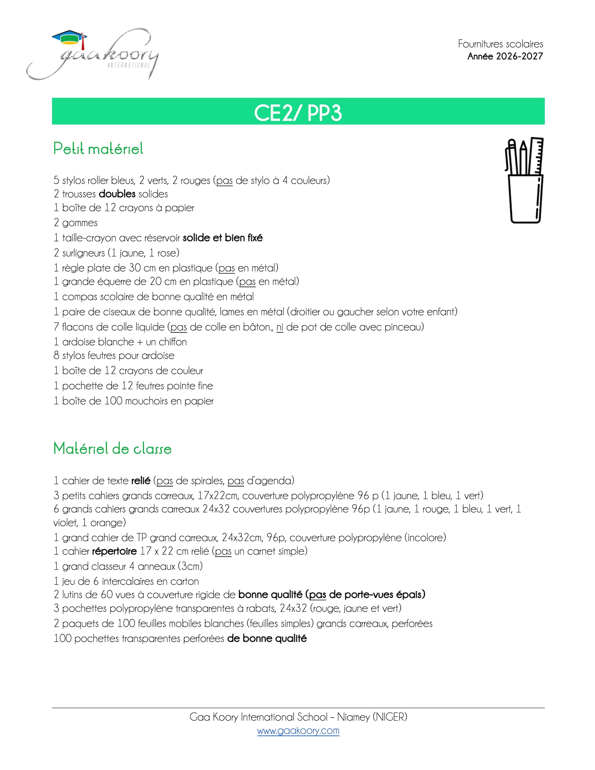 Gaa Koory International • fournitures CE2